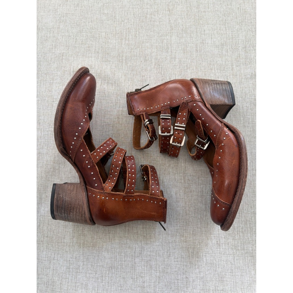Freebird by Steven Felicity Cognac Leather Studded Multi-Strap Ankle Boots 10